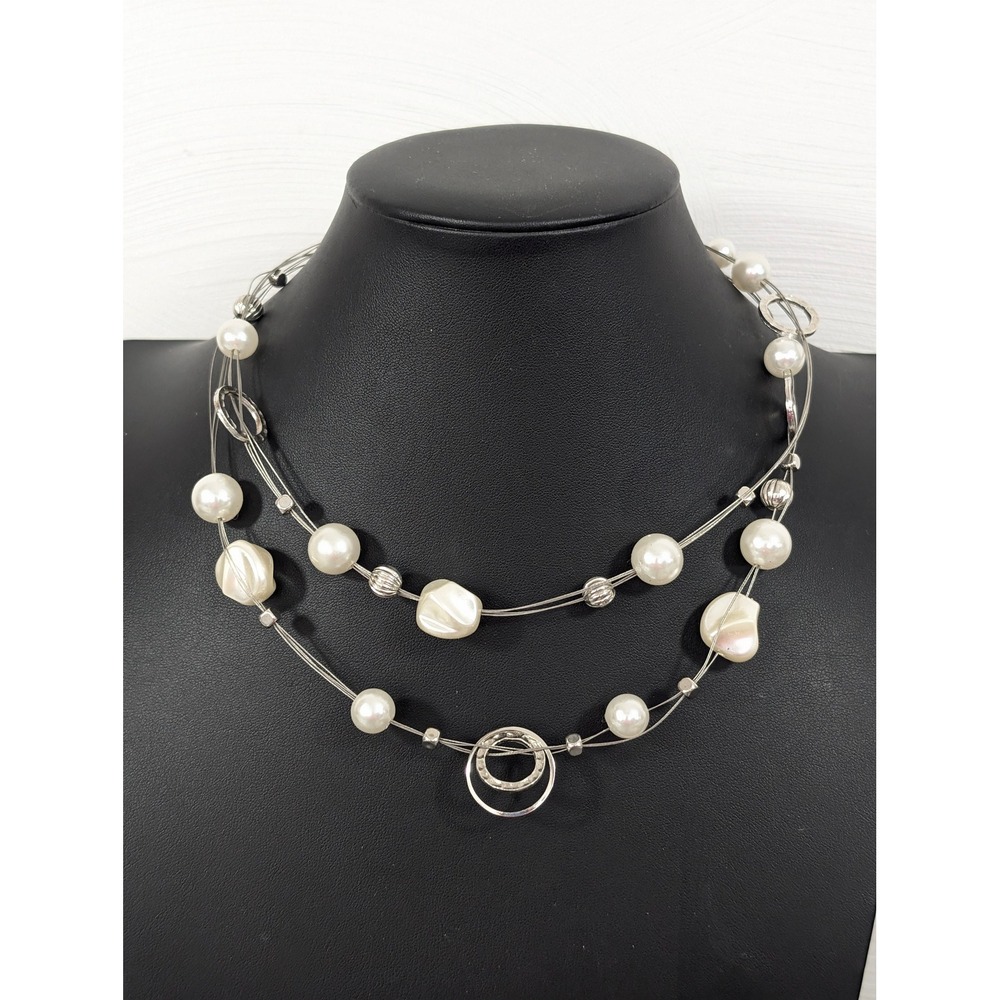 Faux Pearl Necklace 17" Silver Tone Acrylic Beaded Statement Bridal
